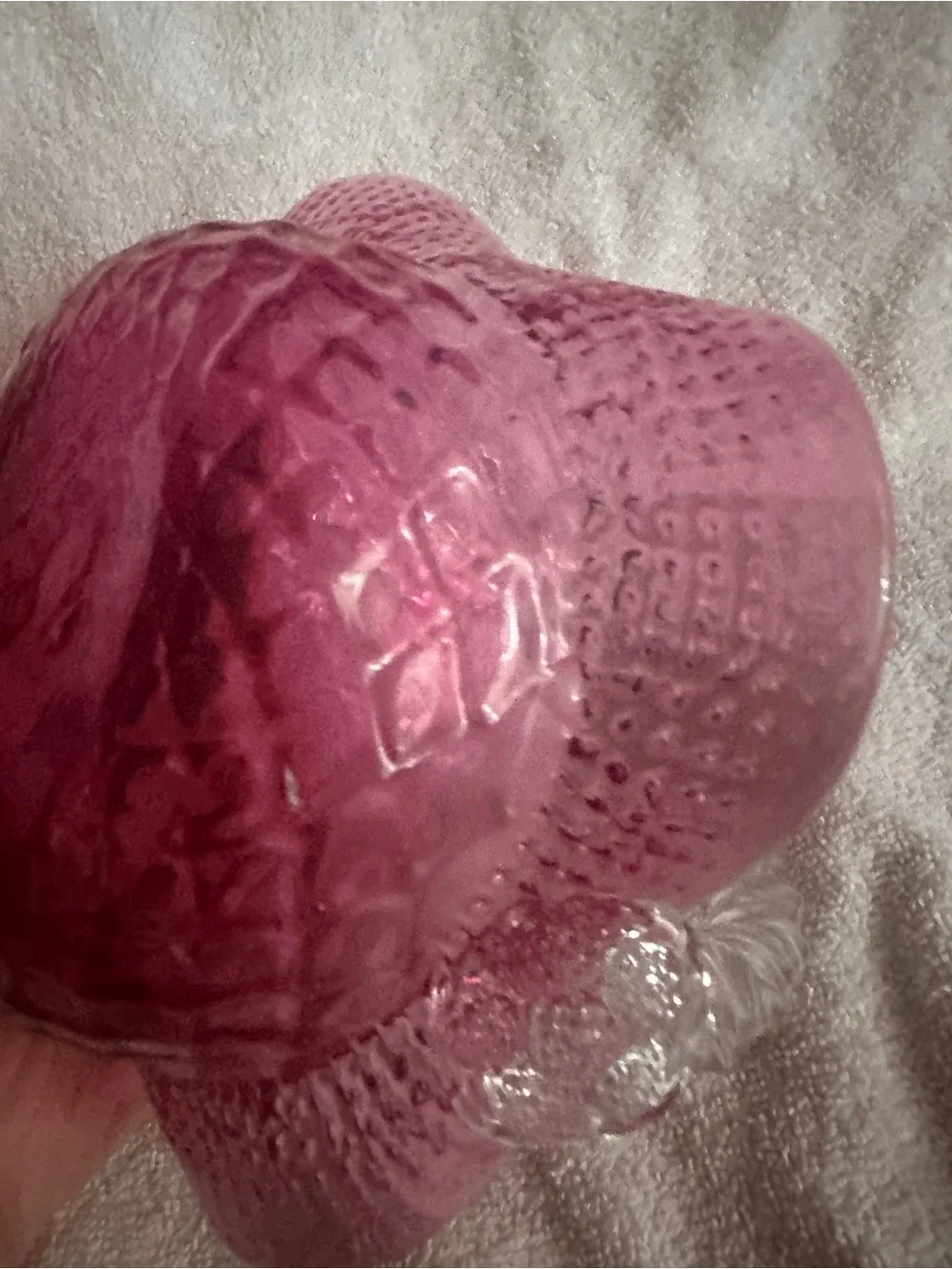Vintage Fenton Cranberry  Glass basket with berries at bottom of the handle